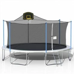 16FT Trampoline with 360-degree Safety Net, Ladder and Basketball Hook - Blue