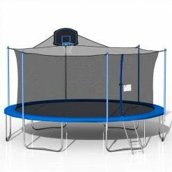 16FT Trampoline for Kids with 360-degree Safety Net, Ladder and Basketball Hook - Blue
