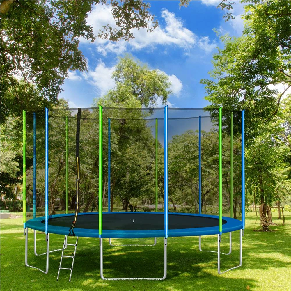 16FT Trampoline for Kids with Safety Enclosure Net, Ladder and 12 Wind Stakes, Round Outdoor Recreational Trampoline - Blue 3 16FT Trampoline for Kids with Safety Enclosure Net, Ladder and 12 Wind Stakes, Round Outdoor Recreational Trampoline - Blue