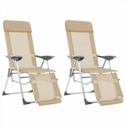 44317 Folding Camping Chairs 2 pcs with Footrest Cream Aluminium