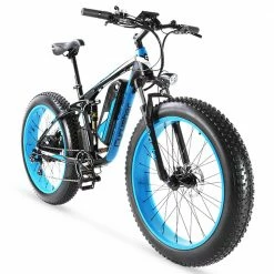 Cyrusher XF800 Electric Bike Full Suspension 26'' x 4'' Fat Tires 750W Motor 13Ah Removable Battery 28mph Top Speed - Blue -Sports Shop Cyrusher XF800 Electric Bike Full Suspension Blue 499280 1
