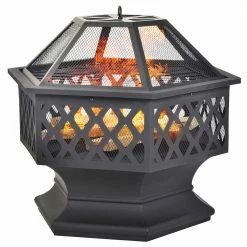 Fire Pit with Grill Grate, Fire Bowl with Spark Guard Pit for BBQ, Heating, Garden, Patio - Black