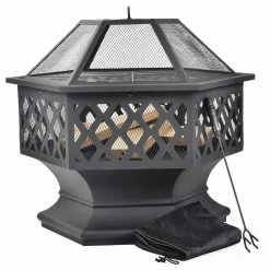 Fire Pit with Grill Grate, Fire Bowl with Spark Guard Pit for BBQ, Heating, Garden, Patio - Black -Sports Shop Fire Pit with Grill Grate Fire Bowl with Spark Guard Pit for BBQ Black 501463 2