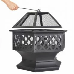 Fire Pit with Grill Grate, Fire Bowl with Spark Guard Pit for BBQ, Heating, Garden, Patio - Black -Sports Shop Fire Pit with Grill Grate Fire Bowl with Spark Guard Pit for BBQ Black 501463 3