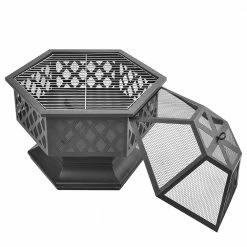 Fire Pit with Grill Grate, Fire Bowl with Spark Guard Pit for BBQ, Heating, Garden, Patio - Black -Sports Shop Fire Pit with Grill Grate Fire Bowl with Spark Guard Pit for BBQ Black 501463 4