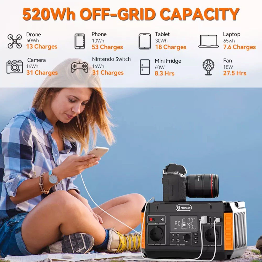 FlashFish P60 560W Portable Power Station, 520Wh/140400mAh Solar Generator, 220V Pure Sine Wave AC Outlets, 11 Outputs, LCD Display 5 FlashFish P60 560W Portable Power Station, 520Wh/140400mAh Solar Generator, 220V Pure Sine Wave AC Outlets, 11 Outputs, LCD Display - Image 3