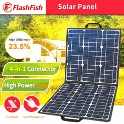 Flashfish SP18V 100W Portable Solar Panel 4-in-1 Connector Double USB Outputs Portable & Foldable Compatible with Most Power Stations For Outdoor Camping Van RV Trip -Sports Shop Flashfish SP18V100W Portable Solar Panel 515656 4