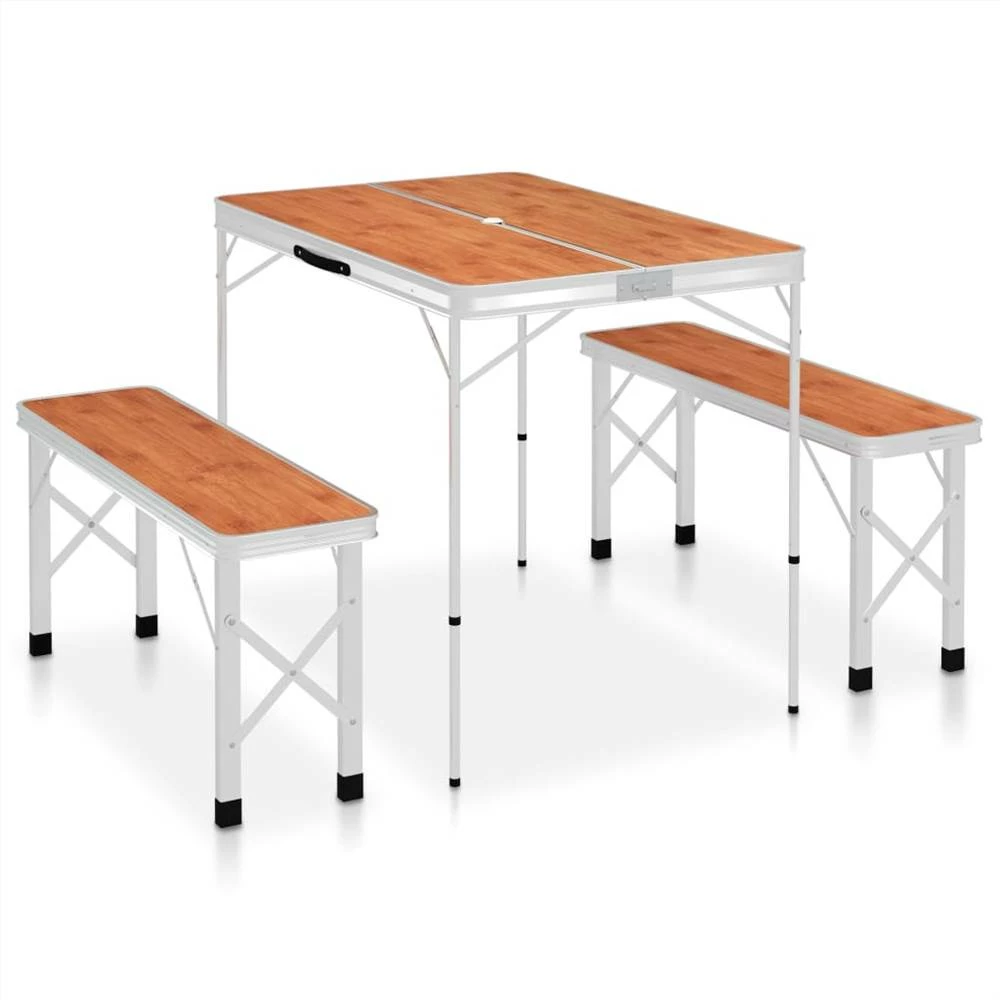 Folding Camping Table with 2 Benches Aluminium Brown 3 Folding Camping Table with 2 Benches Aluminium Brown