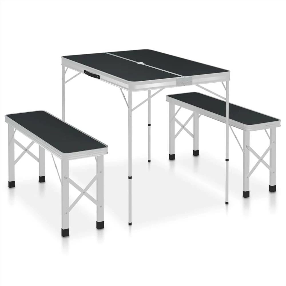 Folding Camping Table with 2 Benches Aluminium Grey 3 Folding Camping Table with 2 Benches Aluminium Grey