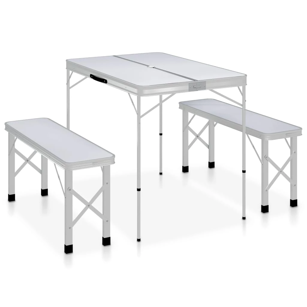 Folding Camping Table with 2 Benches Aluminium White 3 Folding Camping Table with 2 Benches Aluminium White
