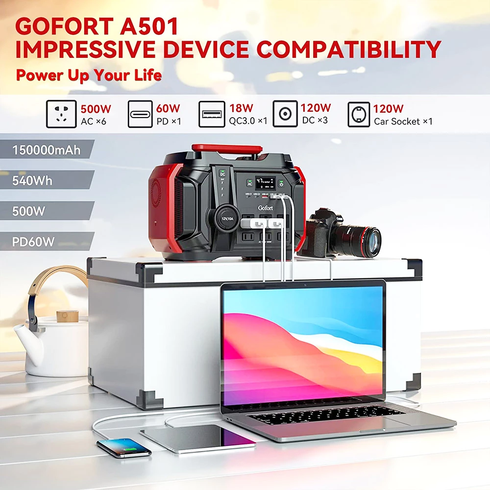 Gofort A501 500W Portable Power Station, 540Wh/150000mAh Solar Generator, 60W PD Quick Charge, 110V Pure Sine Wave - US Plug 4 Gofort A501 500W Portable Power Station, 540Wh/150000mAh Solar Generator, 60W PD Quick Charge, 110V Pure Sine Wave - US Plug - Image 2