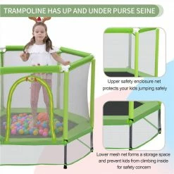 55" Toddlers Trampoline with Safety Enclosure Net and Ocean Balls, Indoor Outdoor Mini Trampoline for Kids - Green -Sports Shop MS197020AAF 455313 3