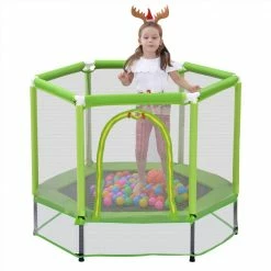 55" Toddlers Trampoline with Safety Enclosure Net and Ocean Balls, Indoor Outdoor Mini Trampoline for Kids - Green
