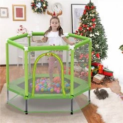 55" Toddlers Trampoline with Safety Enclosure Net and Ocean Balls, Indoor Outdoor Mini Trampoline for Kids - Green -Sports Shop MS197020AAF 455313 5
