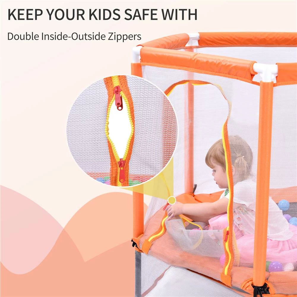 55" Toddlers Trampoline with Safety Enclosure Net and Ocean Balls, Indoor Outdoor Mini Trampoline for Kids - Orange 8 55" Toddlers Trampoline with Safety Enclosure Net and Ocean Balls, Indoor Outdoor Mini Trampoline for Kids - Orange - Image 6