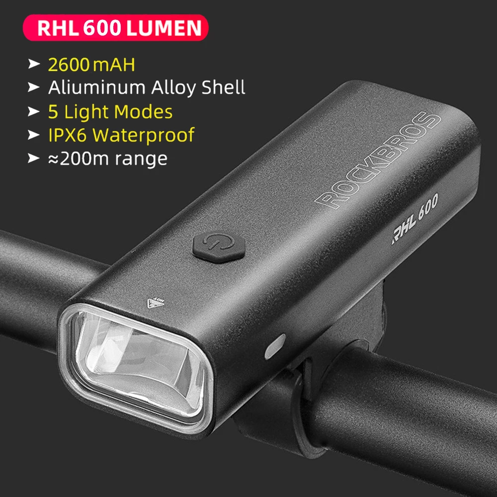 ROCKBROS Bicycle Light 600 Lumen 2600mAh Bike Headlight 5 Lightning Modes 200m Long Shot - Black 4 ROCKBROS Bicycle Light 600 Lumen 2600mAh Bike Headlight 5 Lightning Modes 200m Long Shot - Black - Image 2
