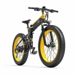 BEZIOR X500 Fat Tire Folding Electric Mountain Bike 12.8Ah Removable Battery BMS 500W Brushless Motor 26*4.0 Wheels Aluminum Alloy Frame Shimano 27-speed Shifter Max Speed 35km/h 100KM Power-assisted Range IP54 Oil Disc Brake - Black Yellow